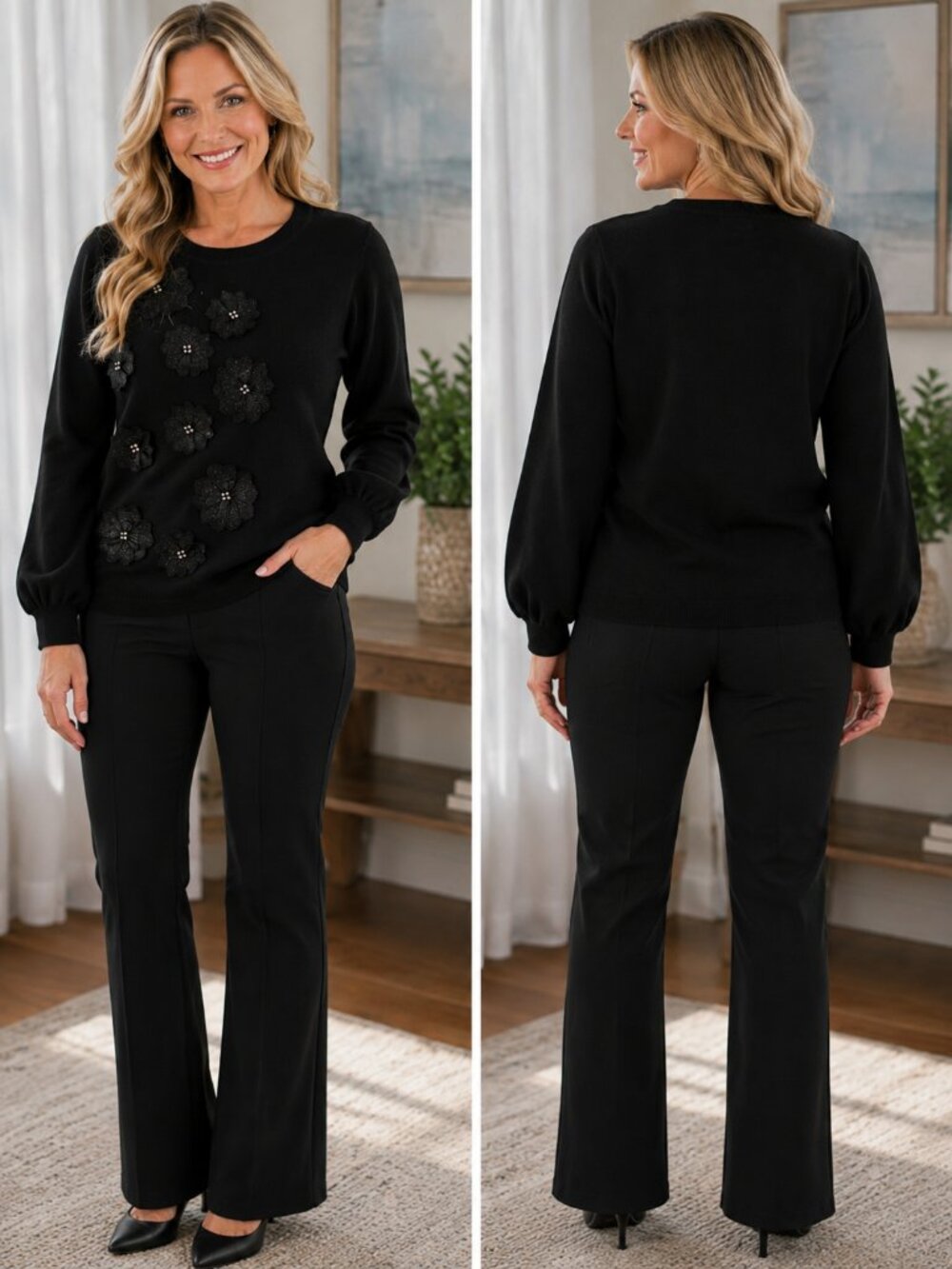 🖤 Nina Leonard Black Floral Appliqué Beaded Sweater – Size S
